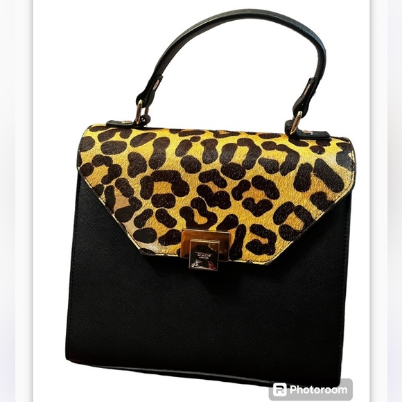 Dune London Leopard Black Half Calf Hair Bag Gold Closure - Picture 2 of 10